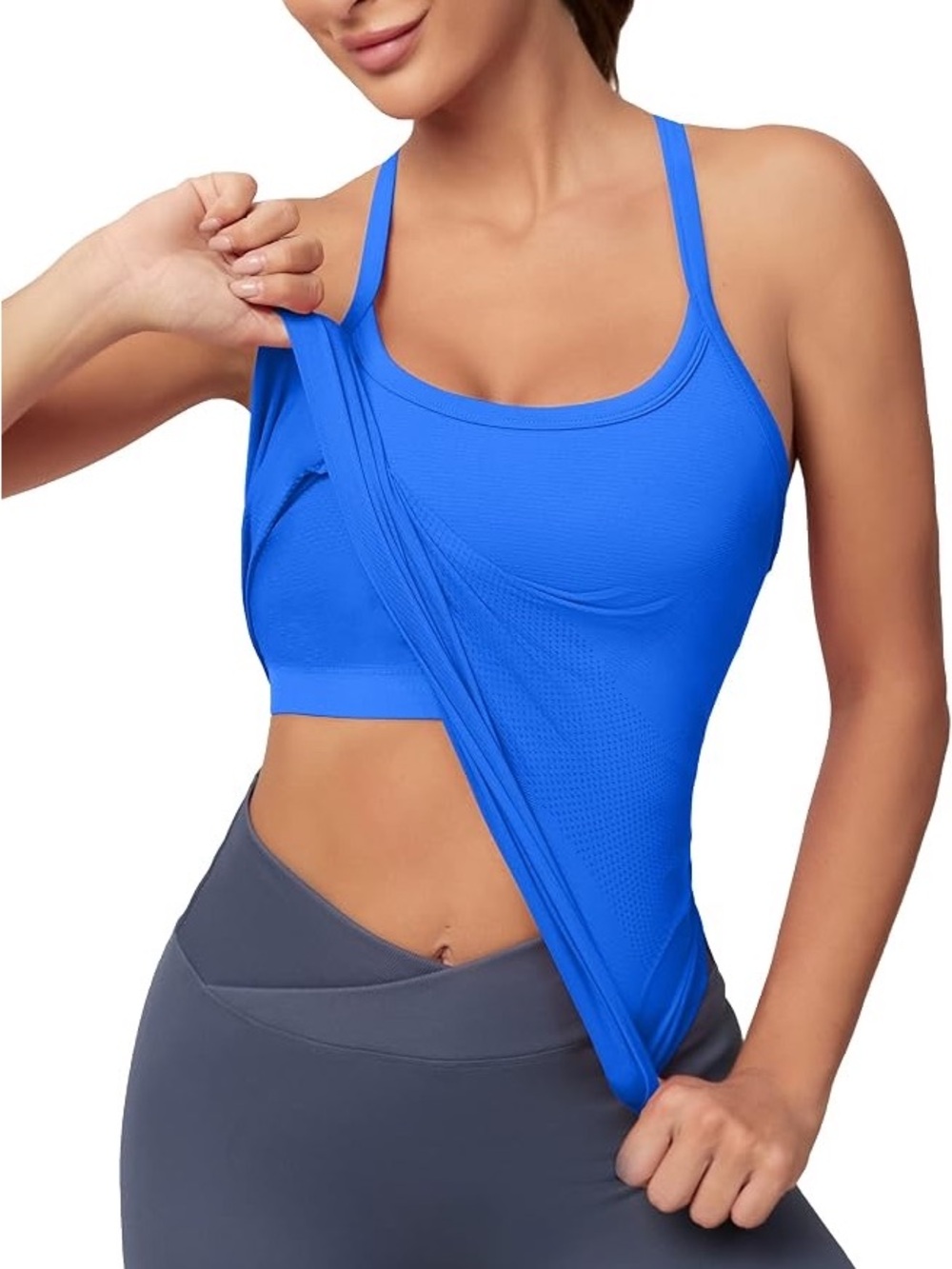 Matcha Workout Women’s Tank Top Built In Bra, Seamless Racerback Blue Size XS